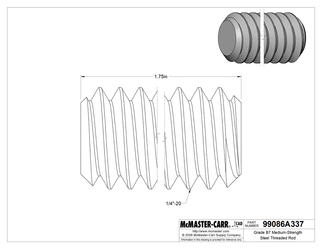 Technical Drawing of Grade B7 Medium-Strength Steel Threaded Rod, Zinc Yellow-Chromate Plated, 1/4"-20 Thread Size, 1-3/4" Long.